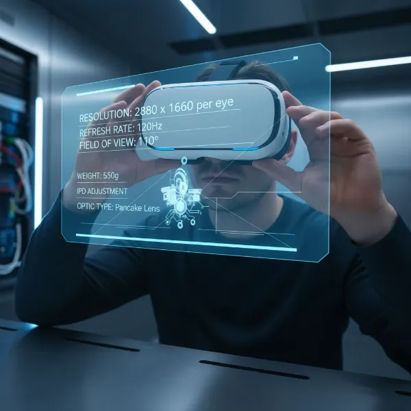A person thoughtfully examining different VR headset specifications on a digital interface, representing the decision-making process for purchasing.