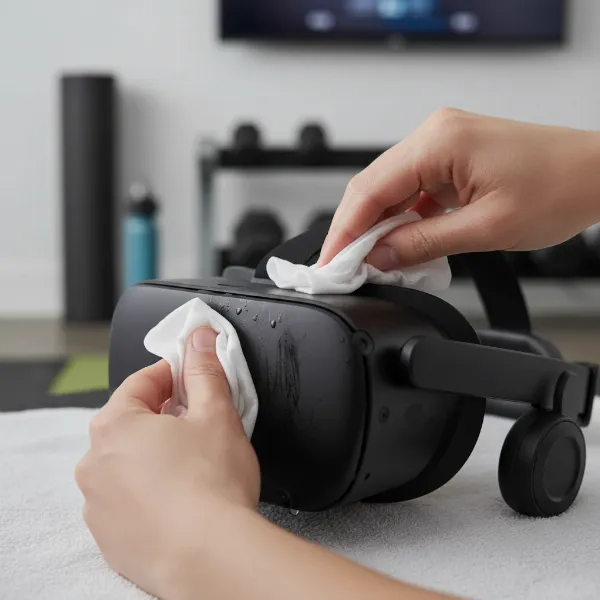 A person carefully cleaning the facial interface of a VR headset with a sanitizing wipe after a workout, highlighting hygiene and proper maintenance for fitness use.