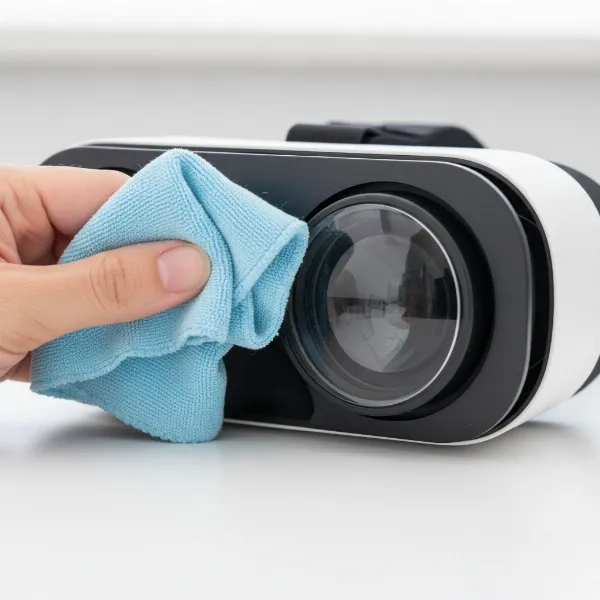 A close-up of a hand gently cleaning the lenses of a VR headset with a microfiber cloth, emphasizing safe maintenance practices.