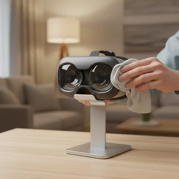 A close-up shot of hands carefully cleaning the lenses of a VR headset with a microfiber cloth, in a clean, well-lit home environment. The headset rests on a stand, with a blurred background showing a modern living room.