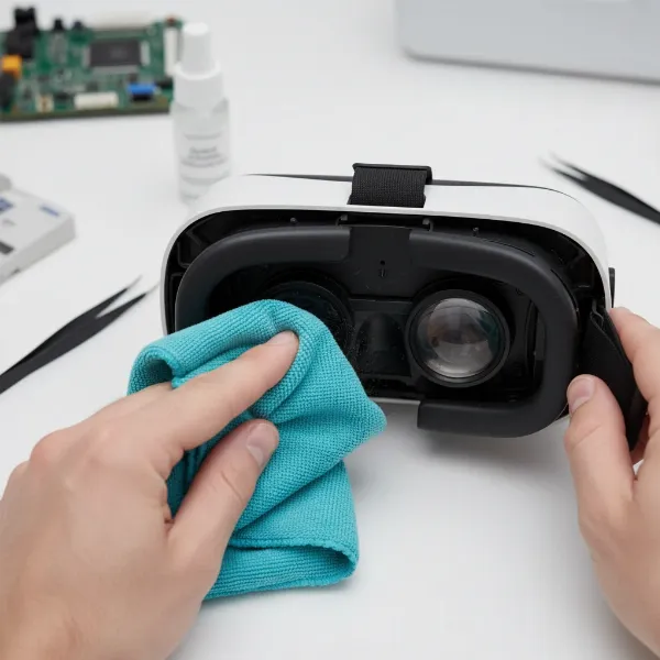 A person carefully cleaning the lenses of a VR headset with a microfiber cloth, highlighting gentle care.