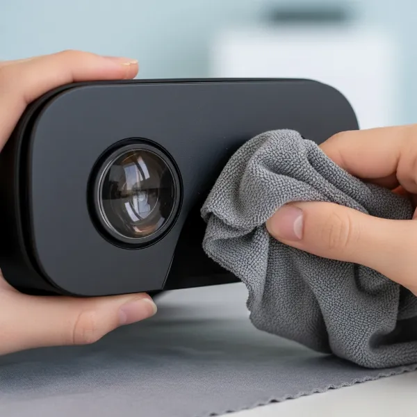 A person gently cleaning the lenses of a VR headset with a soft microfiber cloth, emphasizing careful maintenance for optical clarity and device longevity.