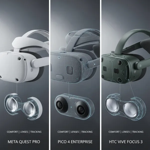 Montage of top VR headsets suitable for affiliate marketing teams, highlighting features like clarity and comfort