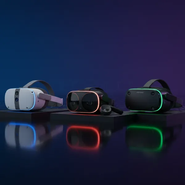 A side-by-side comparison of three distinct VR headsets (Meta Quest 3, Pico 4, Pimax Crystal) illustrating their design differences and technological features.