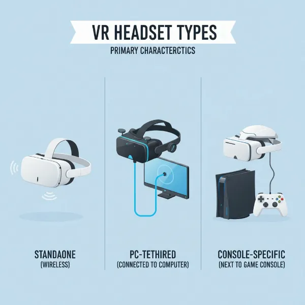 Illustrative image showing the three main types of VR headsets: standalone, PC-powered, and console-powered, with distinct visual cues for each.