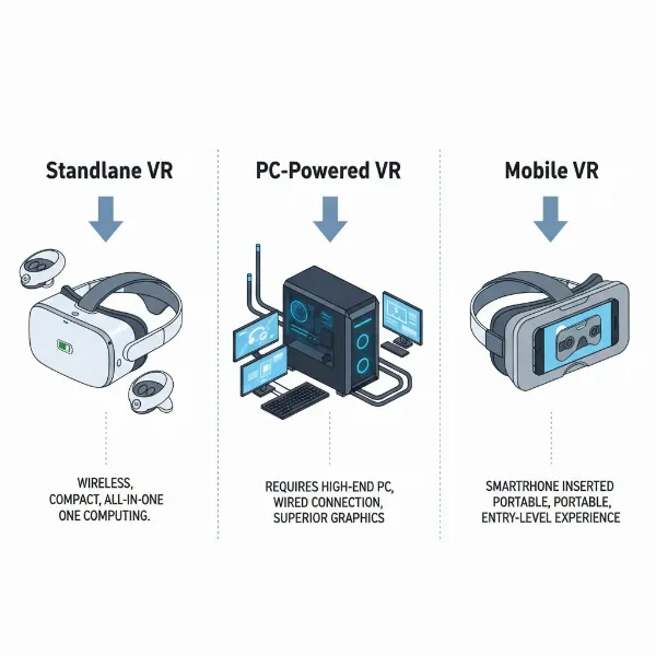 Illustration comparing different types of VR headsets: standalone, PC-powered, and mobile VR, highlighting their distinct features and connectivity