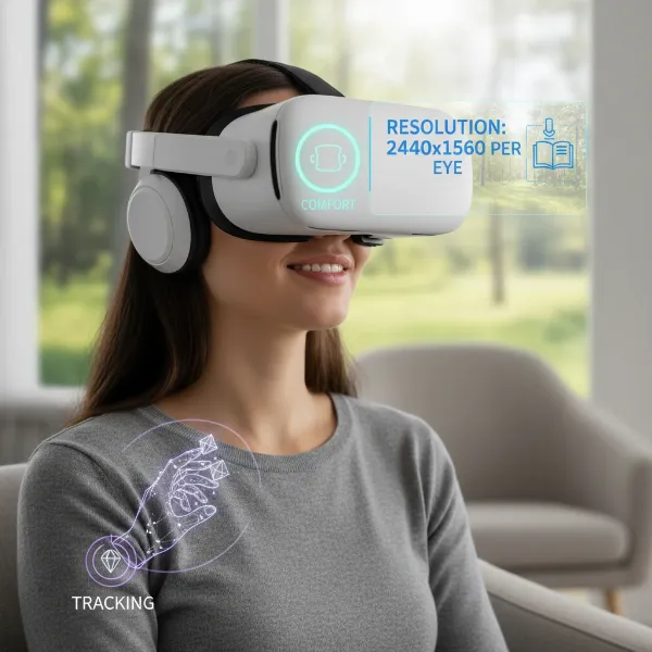 Key factors for choosing a VR headset, such as comfort, resolution, and tracking, depicted as icons or subtle overlays