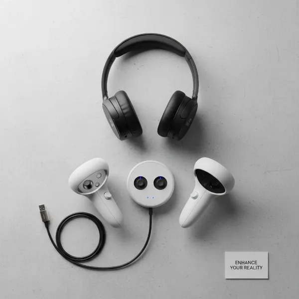 Essential VR headset accessories like comfortable headphones, ergonomic controllers, and charging docks laid out neatly