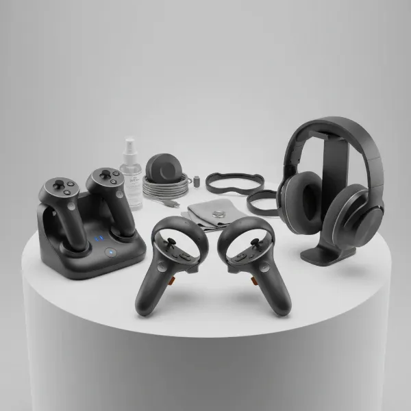 Display of various VR headset accessories like controllers and headphones