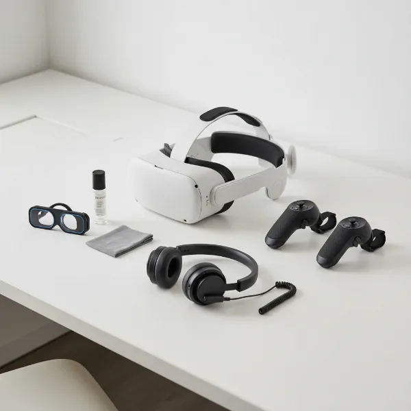 A collection of essential VR headset accessories including an upgraded head strap, lens inserts, controller grips, and dedicated headphones, arranged cleanly on a modern desk setup.
