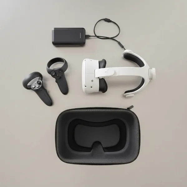 An array of VR headset accessories laid out neatly, such as enhanced head straps, controllers, and external battery packs, ready for use.