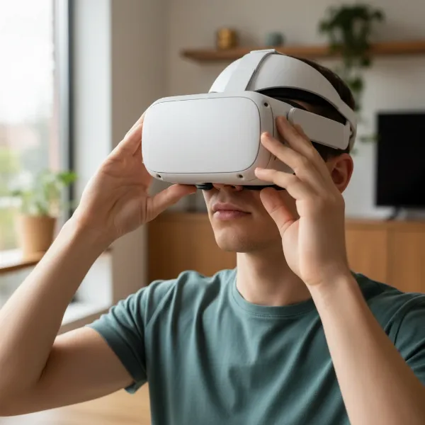 Person trying VR headset for comfort and fit