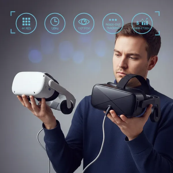 A person holding two VR headsets, one standalone and one PC-powered, with a comparison chart in the background illustrating key buying factors like resolution, refresh rate, and price