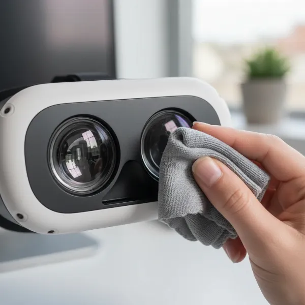 Hand cleaning VR headset lenses with microfiber cloth