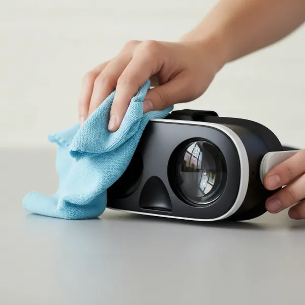 A person carefully cleaning a VR headset lens with a microfiber cloth, emphasizing proper maintenance for longevity and clarity.