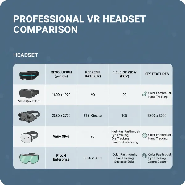 A futuristic infographic comparing specifications of various VR headsets, highlighting features relevant to office productivity.