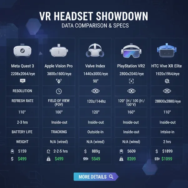 A visual representation of a comparison table for different VR headsets, highlighting key specifications and features.