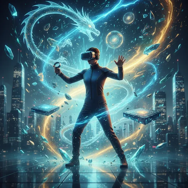 A gamer wearing a modern VR headset, immersed in a vibrant virtual world, showcasing immersive graphics and responsive controls.