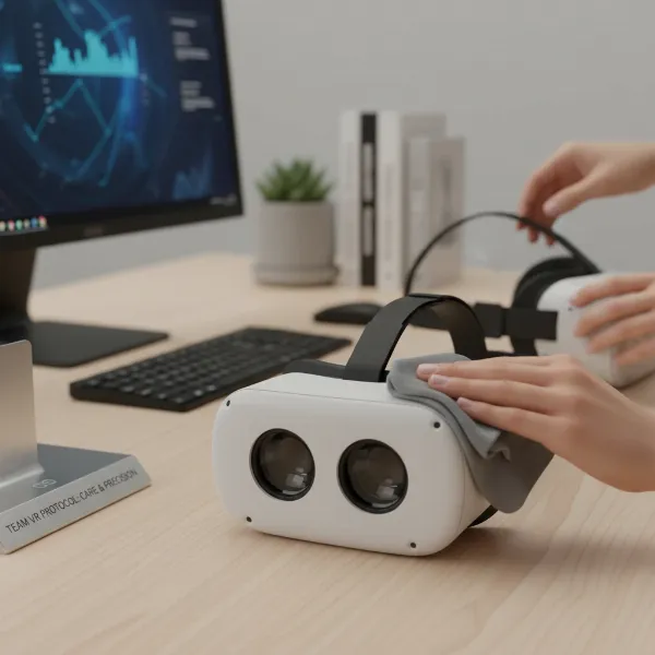 A person cleaning and maintaining a VR headset for optimal performance and hygiene in a professional environment