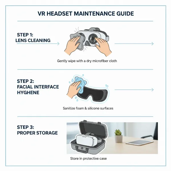 A clear, step-by-step visual guide showing how to clean and maintain a VR headset for long-term use in an office setting.