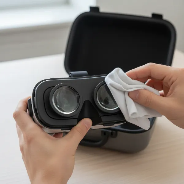 A person cleaning their VR headset lenses with a microfiber cloth, next to a protective case, illustrating proper maintenance and storage