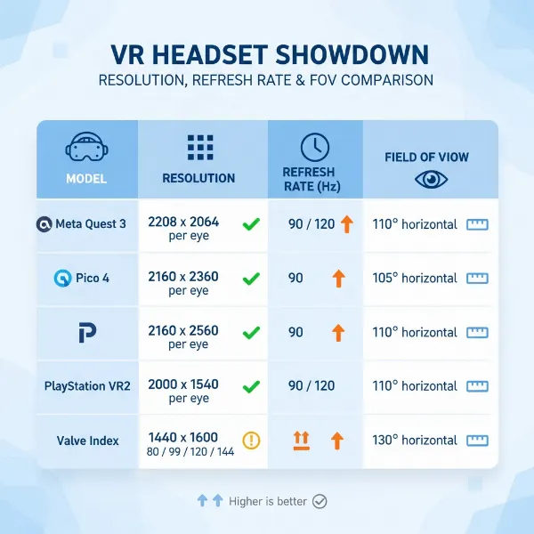 Detailed specifications table for comparing VR headsets