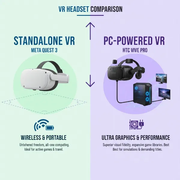 Various types of VR headsets, including standalone and PC-powered, illustrating their design differences for business use