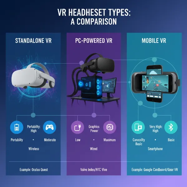 Illustrative comparison of different VR headset types highlighting their key features and connectivity options.
