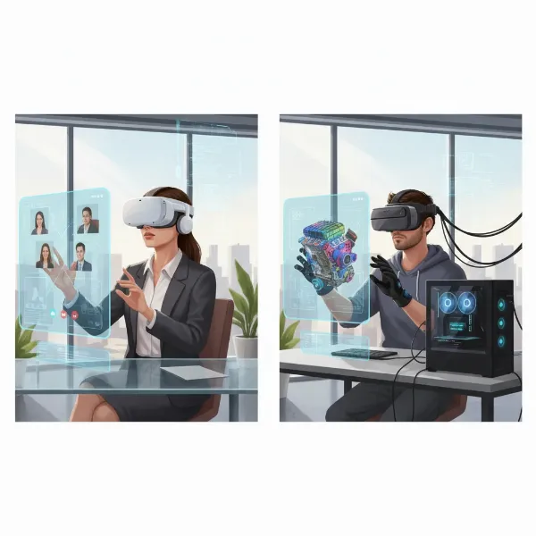 An illustrative image showing various types of VR headsets, including standalone and PC-powered models, in a modern office or design studio environment.
