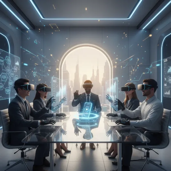 Affiliate marketing team collaborating virtually using VR headsets in a modern virtual meeting room
