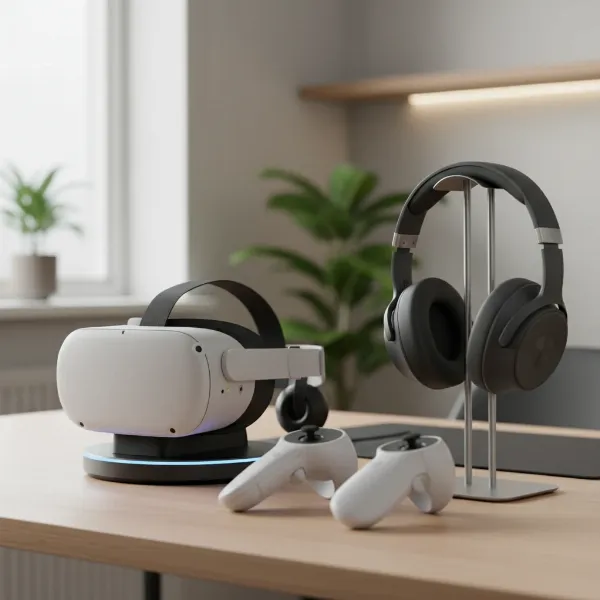 A clean, organized workspace featuring a VR headset on a charging dock, an external pair of headphones, and a set of VR controllers, highlighting accessories for professional VR use.